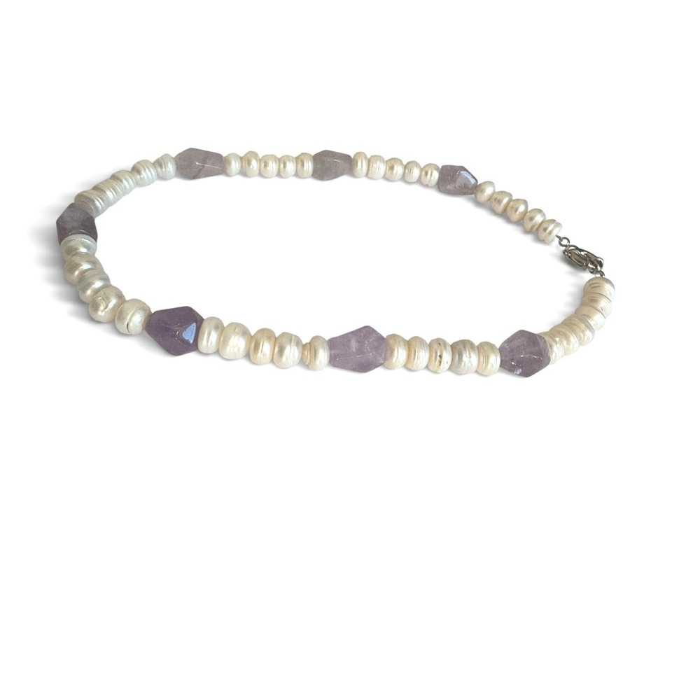 Freshwater Pearl and Raw Amethyst Bead Necklace Purple White Gemstone Strand - Picture 3 of 4